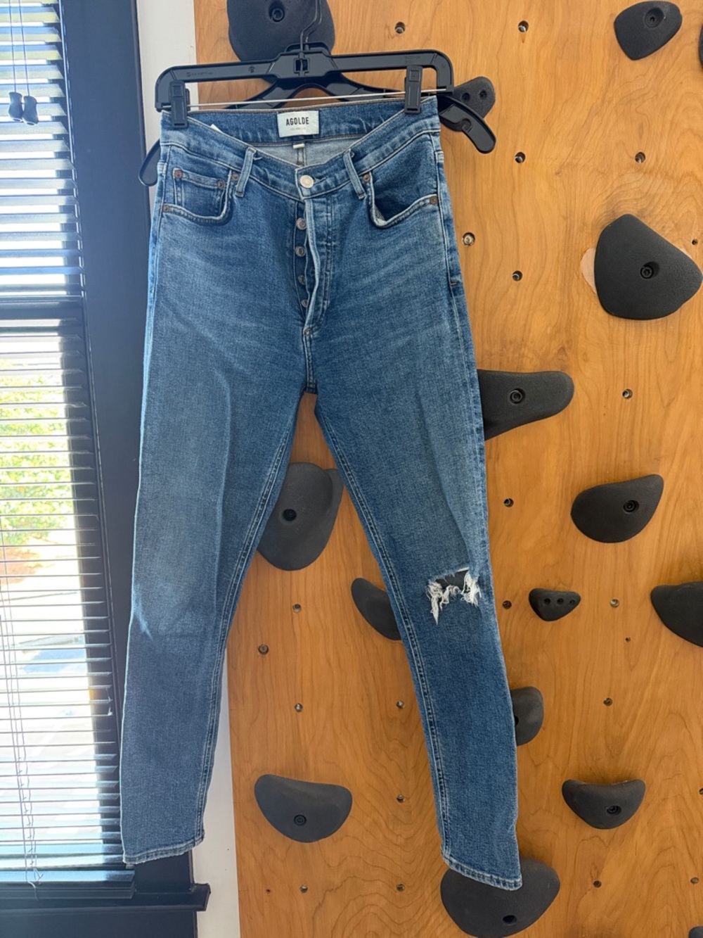 Agolde “Nico” Distressed Midwash Blue Skinny Jeans